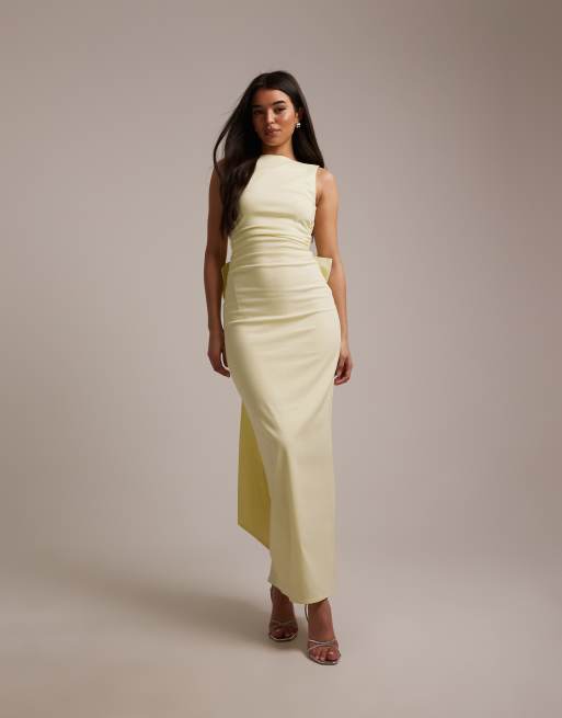 Vestido de dama de honor largo amarillo con lazo desmontable en la espalda de bengalina de TFNC, 4 de 5