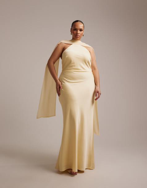Vestido de dama de honor largo amarillo limón con cuello halter y detalle de fular de satén de ASOS DESIGN Curve - view 1