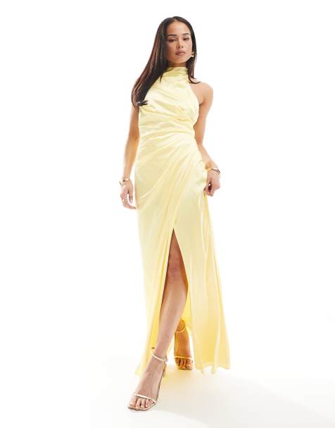 Vestido de dama de honor largo amarillo limón con cuello subido y lazo en la espalda de satén de TFNC - view 1