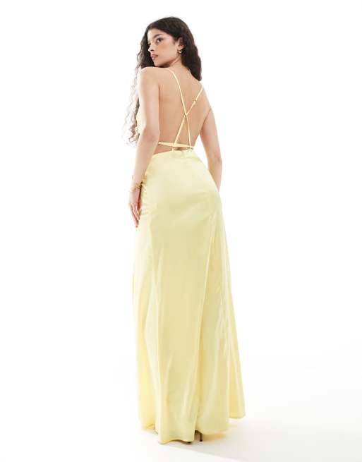 Vestido de dama de honor largo amarillo limón con detalle minimalista en la espalda de satén de TFNC