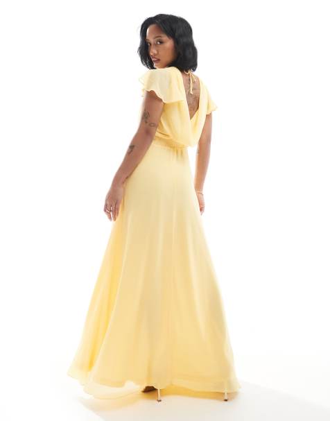 Vestido de dama de honor largo amarillo limón con espalda desbocada y mangas fluidas de chifón de TFNC Petite - view 1