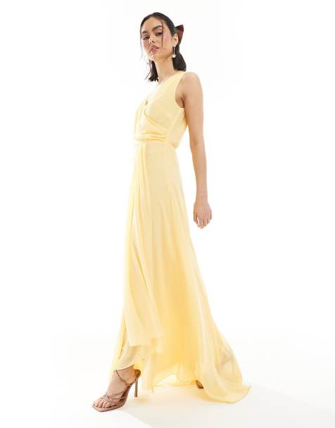 Vestido de dama de honor largo amarillo limón con falda y cuello cruzados de chifón de TFNC - view 1