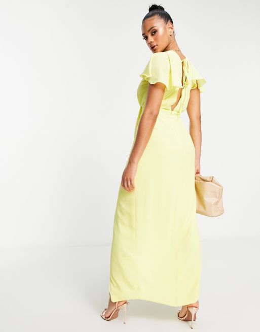 Vestido de dama de honor largo amarillo limón cruzado con mangas fluidas de chifón de TFNC, 2 de 4
