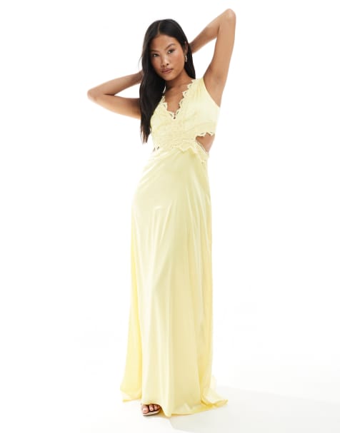 Vestido de dama de honor largo amarillo limón de satén con detalle festoneado de encaje de TFNC Petite - view 1