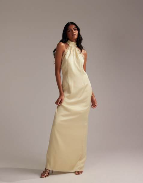 Vestido de dama de honor largo amarillo pastel de corte recto con cuello halter con detalle de encaje de ASOS DESIGN - view 1