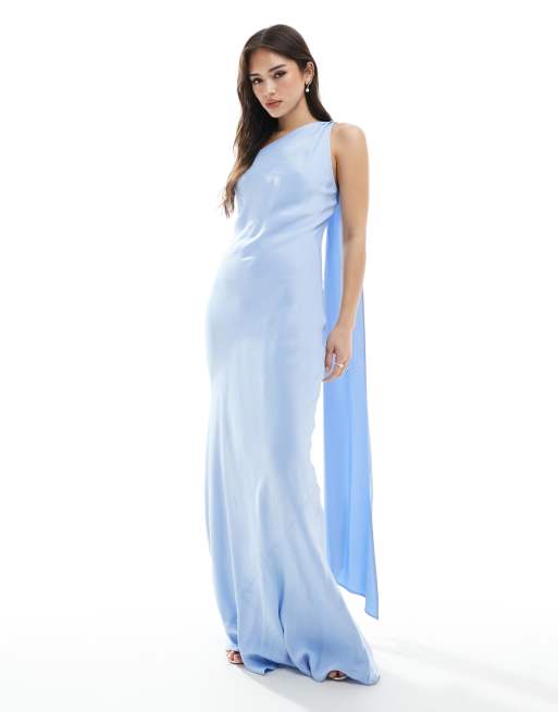 Vestido de dama de honor largo azul aciano con diseño asimétrico y detalle de fular de Maids to Measure