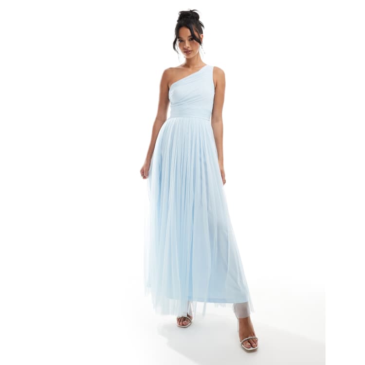 Vestido de dama de honor largo azul cielo asimétrico de tul de