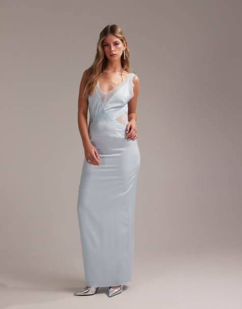 Vestido de dama de honor largo azul claro escotado de corte recto de satén con detalle de encaje de ASOS DESIGN - view 1