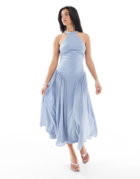 Vestido de dama de honor largo azul empolvado con cuello subido y falda de corte amplio de TFNC Petite - view 1