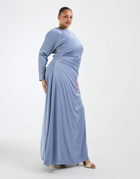 Vestido de dama de honor largo azul empolvado de manga larga de satén de TFNC Plus - view 1