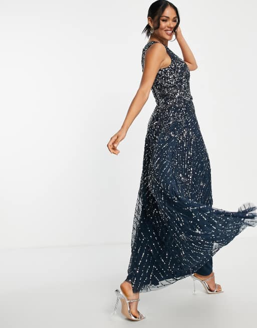 Vestido de dama de honor largo azul marino con diseño adornado integral de Beauut, 2 de 4
