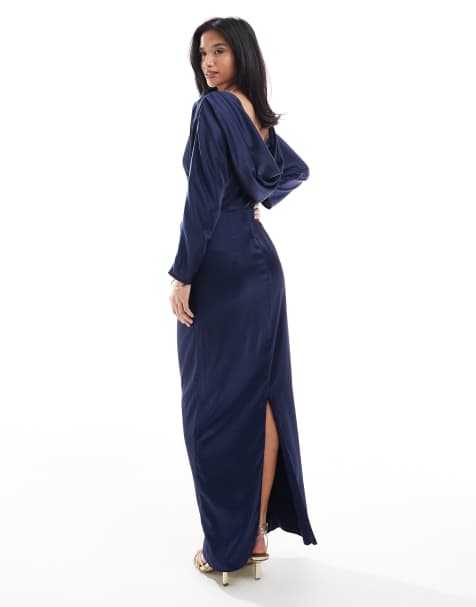Vestido de dama de honor largo azul marino con espalda desbocada de satén de TFNC Petite - view 1