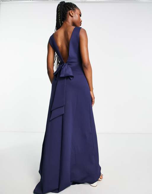 Vestido de dama de honor largo azul marino con lazo en la espalda de TFNC, 2 de 4