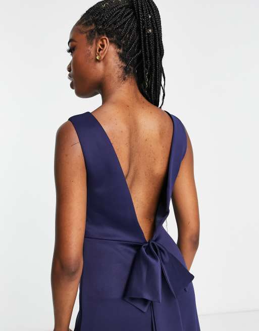 Vestido de dama de honor largo azul marino con lazo en la espalda de TFNC, 3 de 4
