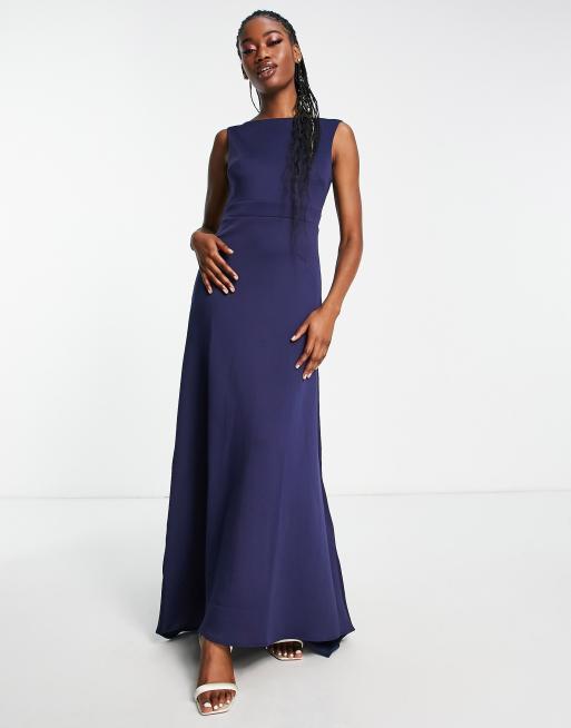 Vestido de dama de honor largo azul marino con lazo en la espalda de TFNC, 4 de 4