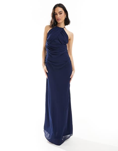 Vestido de dama de honor largo azul marino con parte delantera cruzada y espalda desbocada de TFNC - view 1