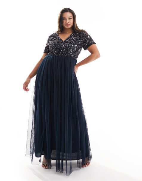Vestido de dama de honor largo azul marino de manga corta con delicadas lentejuelas del mismo tono de tul de Maya Plus - view 1