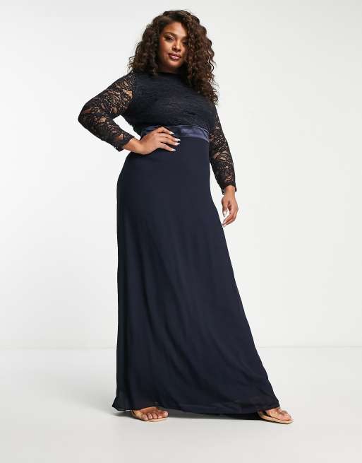 Vestido de dama de honor largo azul marino de manga larga de gasa