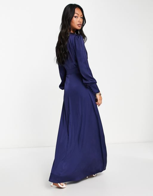 Vestido de dama de honor largo azul marino de manga larga de satén de TFNC, 3 de 4