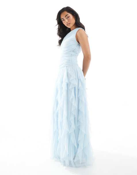 Vestido de dama de honor largo azul pastel pálido asimétrico con volantes efecto cascada de Lace & Beads - view 1