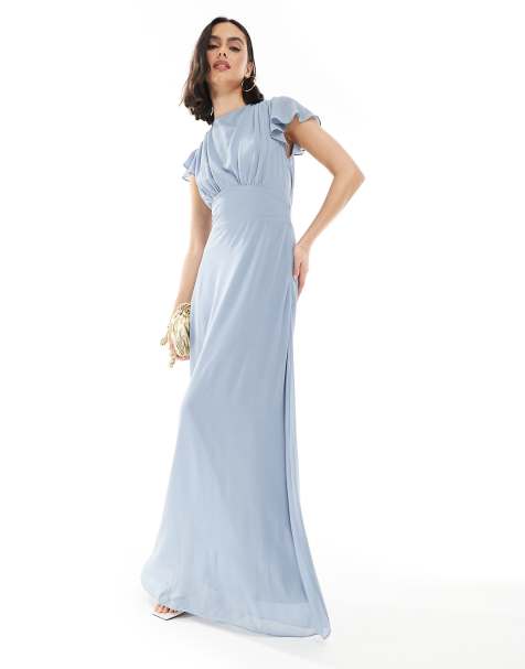 Vestido de dama de honor largo azul polvareda con mangas fluidas y espalda desbocada de chifón de TFNC - view 1