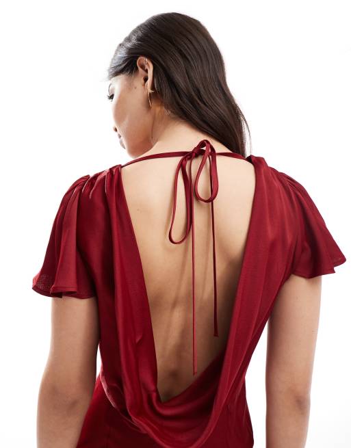 Vestido de dama de honor largo burdeos de manga corta con espalda