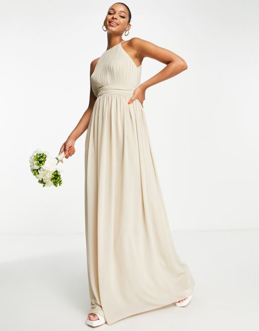Vestido de dama de honor largo color caf con leche plisado en la parte delantera de chif n de TFNC