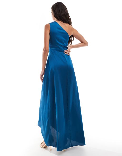 Vestido de dama de honor largo color cerceta asimétrico de satén de TFNC, 4 de 4