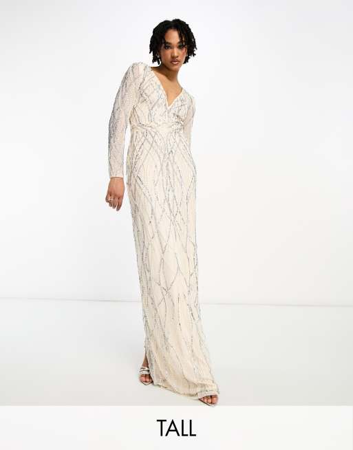 Vestido de dama de honor largo color champán con diseño integral adornado de Beauut Tall 