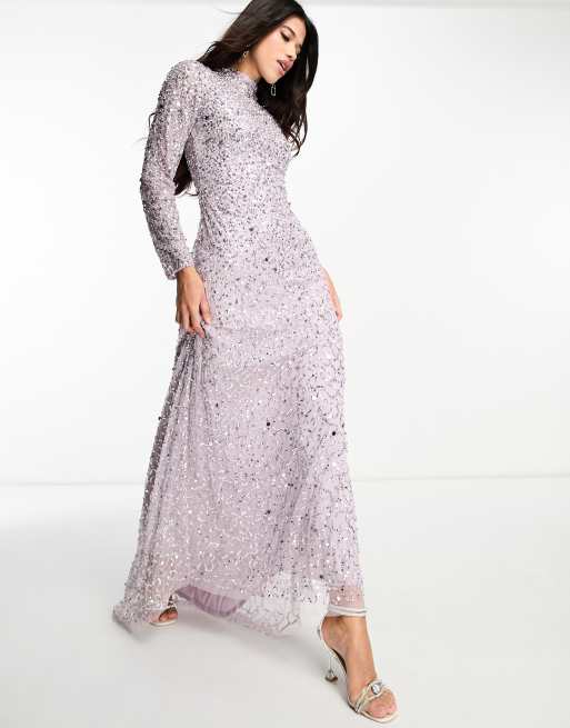 Vestido de dama de honor largo color lavanda con abalorios Modest de Beauut