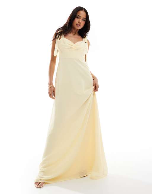 Vestido de dama de honor largo color limón con lazo en el hombro de chifón de Six Stories
