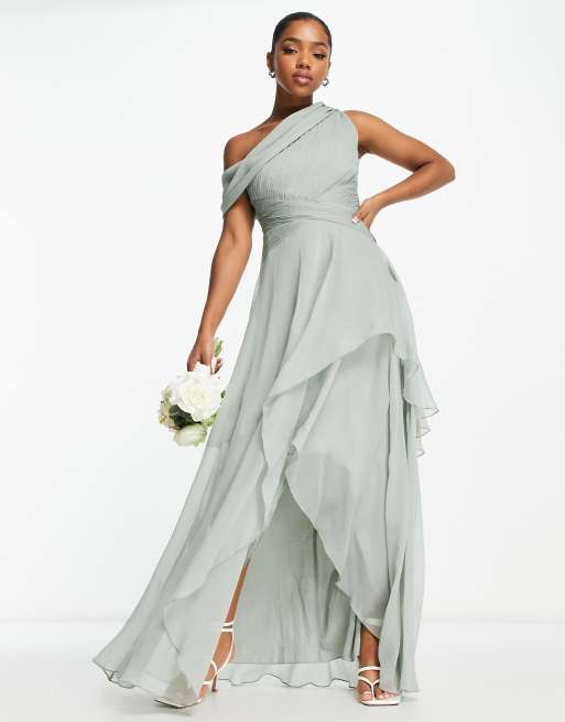 Vestido de dama de honor largo color oliva con hombros caidos y falda cruzada superpuesta de ASOS DESIGN