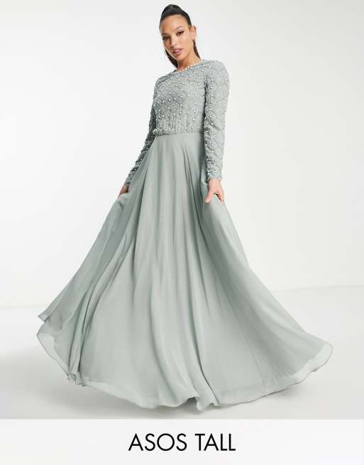 Vestido de dama de honor largo color oliva de manga larga con adornos de perlas y cuentas de ASOS DESIGN Tall