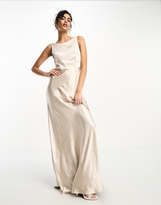 Vestido de dama de honor largo color ostra con espalda desbocada de satén de Six Stories , 4 de 4