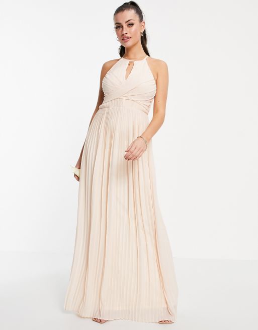 Vestido de dama de honor largo color rubor claro plisado con detalle cruzado y abertura de TFNC