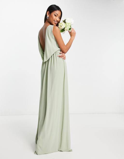 Vestido de dama de honor largo color salvia con espalda pronunciada desbocada de chifón de TFNC 