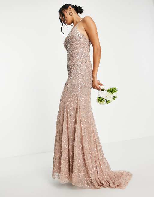 Vestido de dama de honor largo color topo con diseño integral adornado y cola de Beauut, 4 de 4