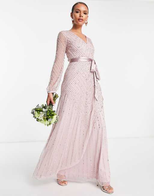 Vestido de dama de honor largo color topo cruzado de Frock and Frill