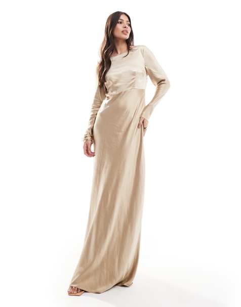 Vestido de dama de honor largo dorado de manga larga con espalda desbocada de satén de Six Stories - view 1
