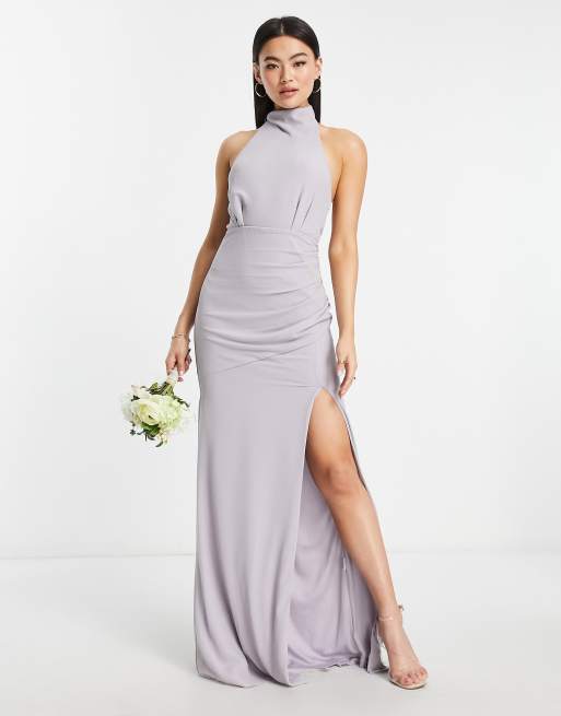 Vestido de dama de honor largo gris con cuello alzado y lazada en la espalda de chifón de TFNC 