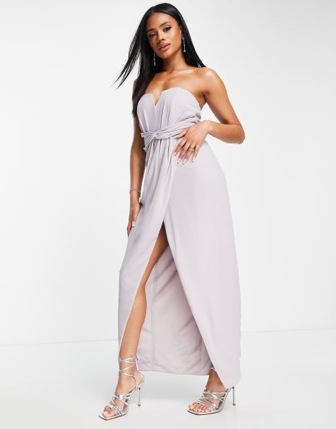 Vestido de dama de honor largo gris con escote palabra de honor, detalle cruzado y lazo en la espalda de TFNC - view 1