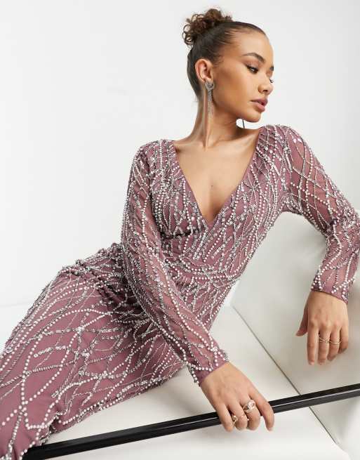 Vestido de dama de honor largo malva con diseño integral adornado de Beauut
