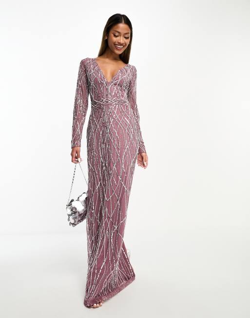 Vestido de dama de honor largo malva con diseño integral adornado de Beauut