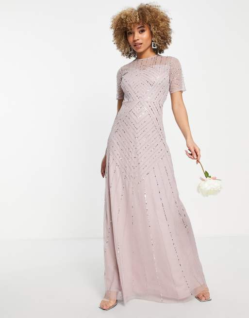 Vestido de dama de honor largo malva polvoriento de manga corta con diseño adornado de Frock and Frill