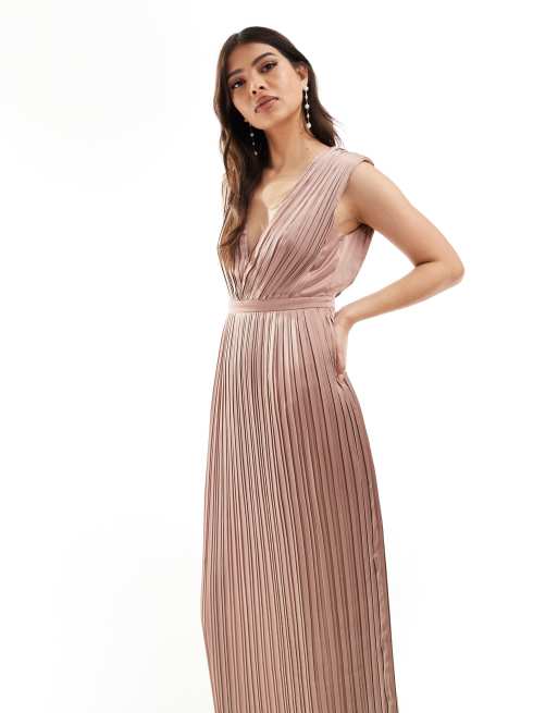 Vestido de dama de honor largo marrón rosado plisado de satén de TFNC