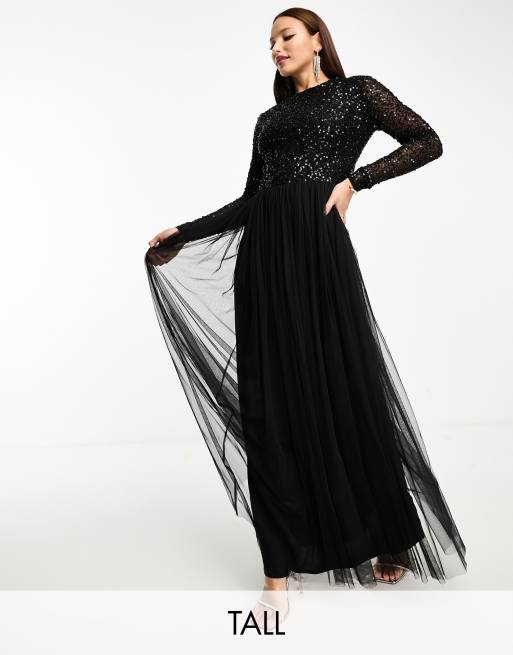 Vestido de dama de honor largo negro de manga larga con lentejuelas delicadas del mismo tono de tul de Maya Tall
