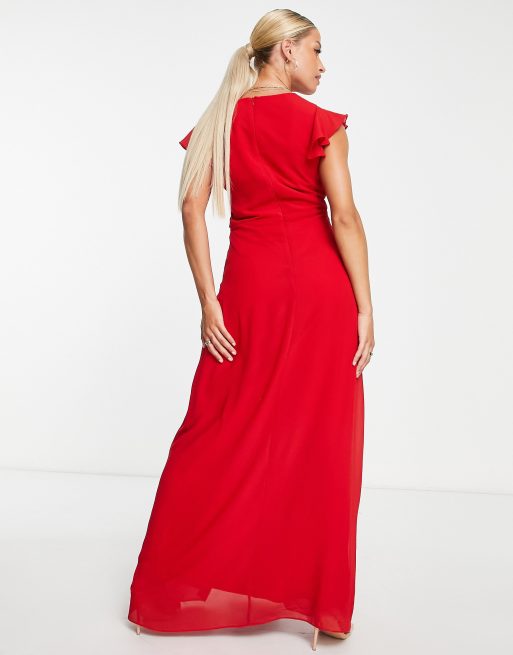 Vestido de dama de honor largo rojo con mangas fluidas y detalle de volantes de TFNC Maternity, 2 de 4