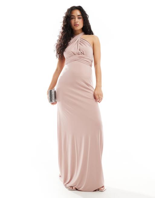 Vestido de dama de honor largo rosa claro con diseño multiposición de TFNC