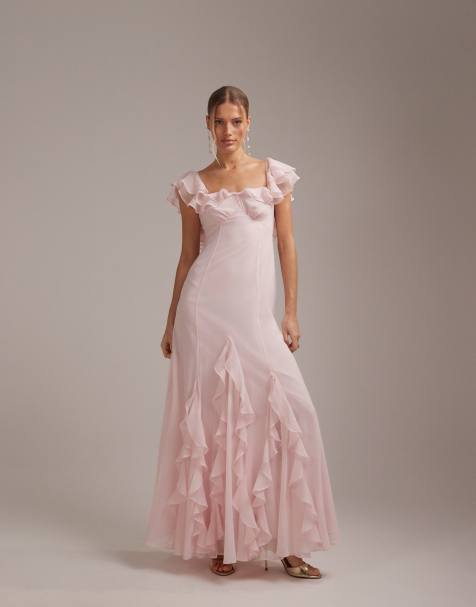 Vestido de dama de honor largo rosa claro con escote Bardot y volantes de chifón de ASOS DESIGN - view 1