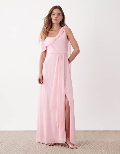 Vestido de dama de honor largo rosa con hombro caído de chifón de TFNC - view 1